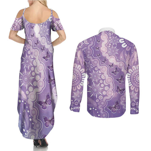 Australia Epilepsy Awareness Couples Matching Summer Maxi Dress and Long Sleeve Button Shirt Purple Butterflies Aboriginal