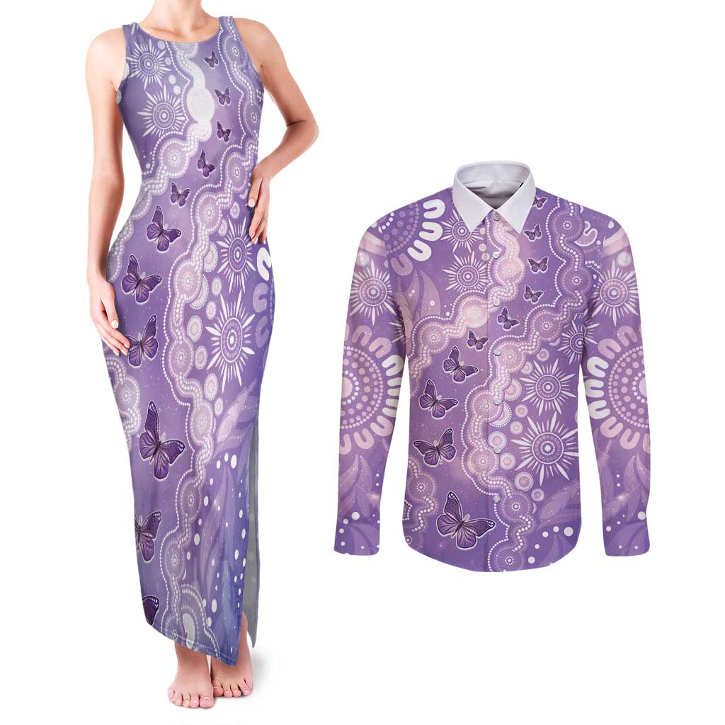 Australia Epilepsy Awareness Couples Matching Tank Maxi Dress and Long Sleeve Button Shirt Purple Butterflies Aboriginal