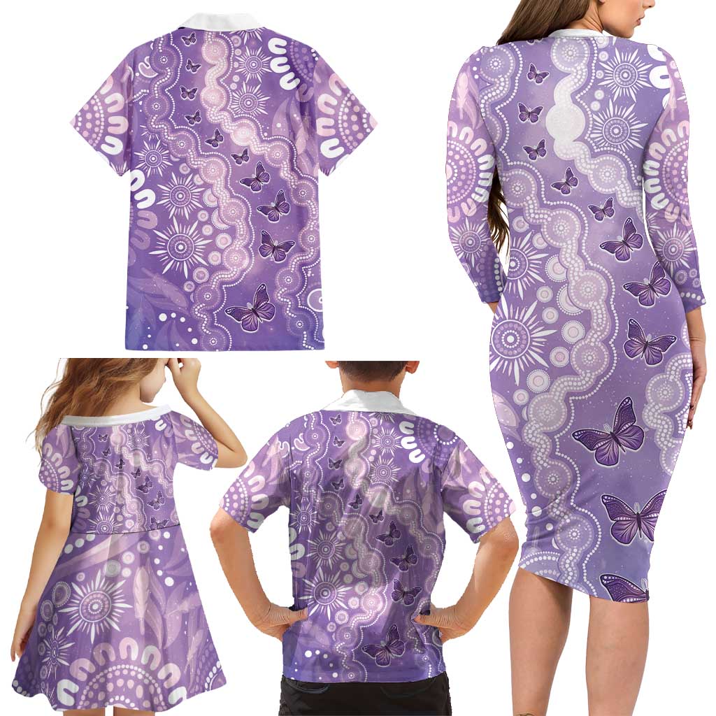 Australia Epilepsy Awareness Family Matching Long Sleeve Bodycon Dress and Hawaiian Shirt Purple Butterflies Aboriginal