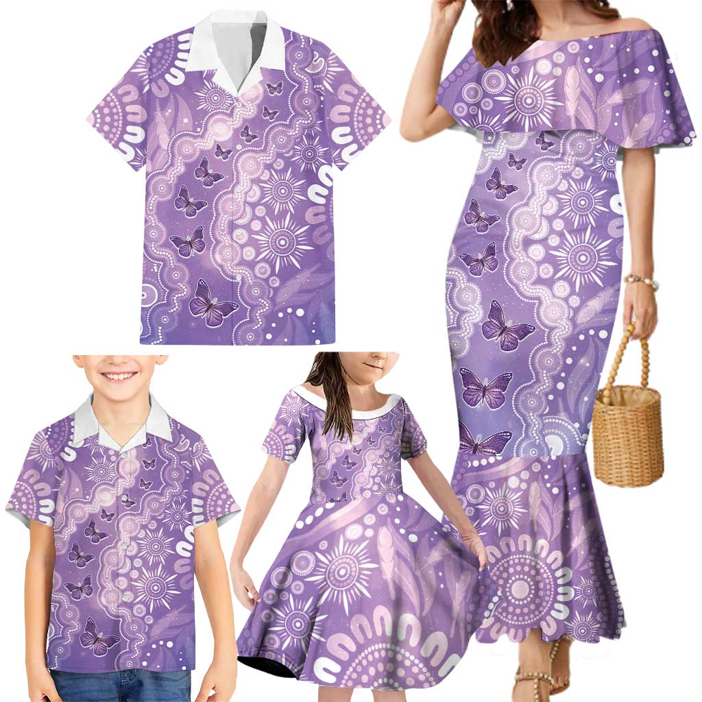Australia Epilepsy Awareness Family Matching Mermaid Dress and Hawaiian Shirt Purple Butterflies Aboriginal