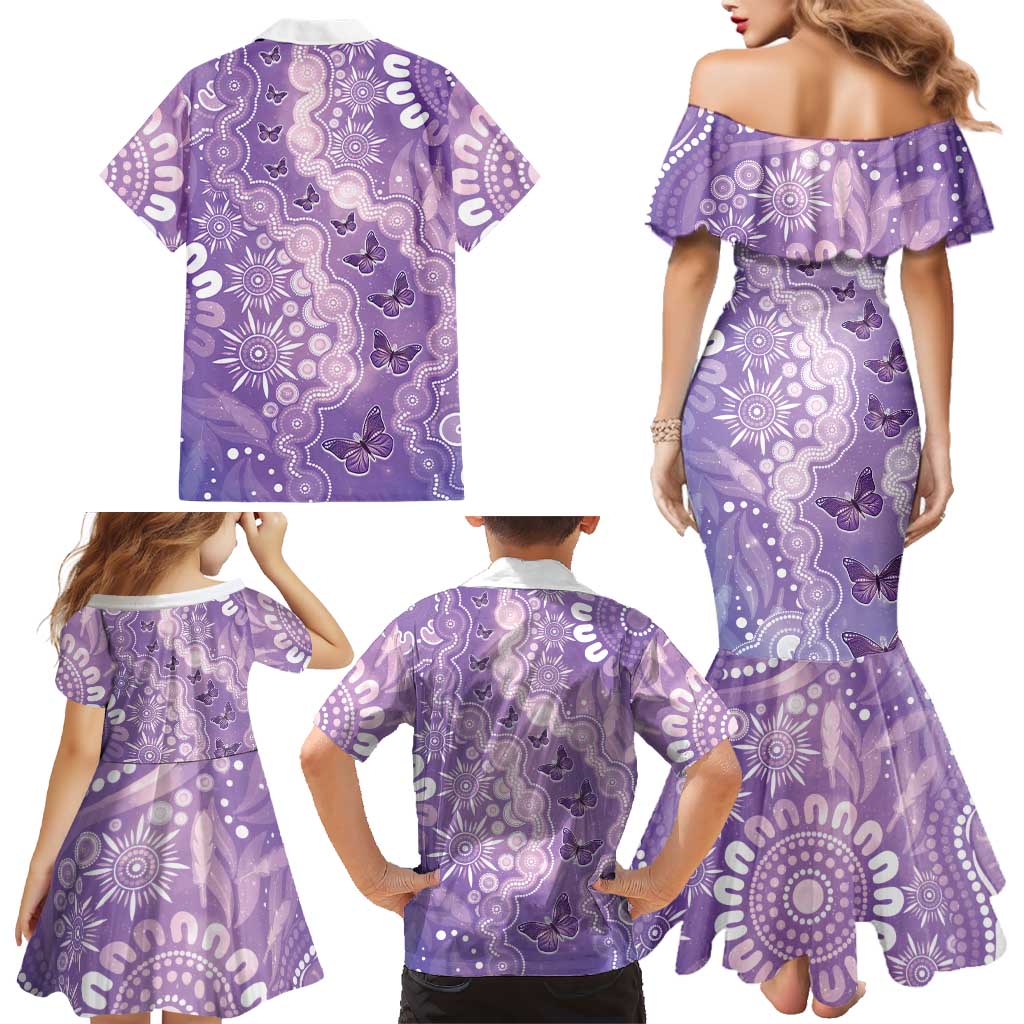 Australia Epilepsy Awareness Family Matching Mermaid Dress and Hawaiian Shirt Purple Butterflies Aboriginal