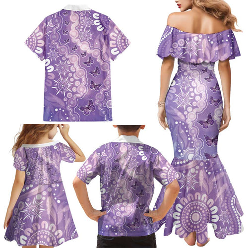 Australia Epilepsy Awareness Family Matching Mermaid Dress and Hawaiian Shirt Purple Butterflies Aboriginal