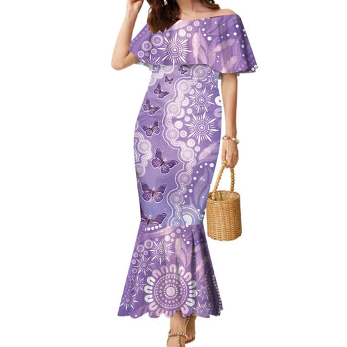Australia Epilepsy Awareness Family Matching Mermaid Dress and Hawaiian Shirt Purple Butterflies Aboriginal