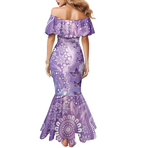 Australia Epilepsy Awareness Family Matching Mermaid Dress and Hawaiian Shirt Purple Butterflies Aboriginal