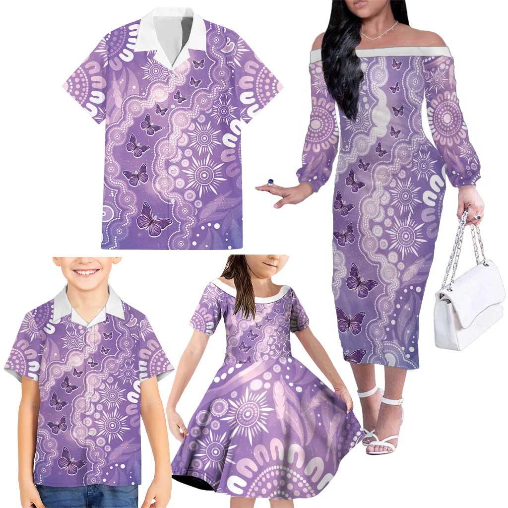 Australia Epilepsy Awareness Family Matching Off The Shoulder Long Sleeve Dress and Hawaiian Shirt Purple Butterflies Aboriginal