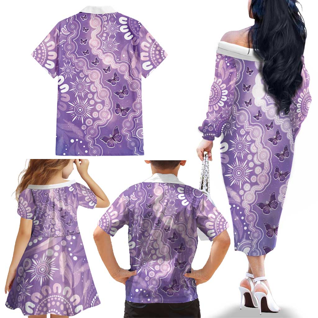 Australia Epilepsy Awareness Family Matching Off The Shoulder Long Sleeve Dress and Hawaiian Shirt Purple Butterflies Aboriginal
