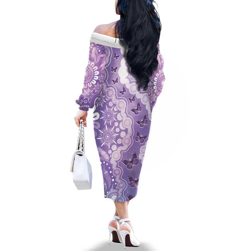 Australia Epilepsy Awareness Family Matching Off The Shoulder Long Sleeve Dress and Hawaiian Shirt Purple Butterflies Aboriginal
