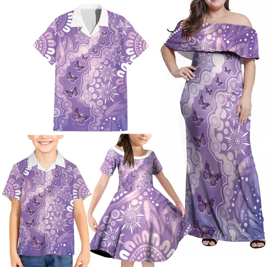 Australia Epilepsy Awareness Family Matching Off Shoulder Maxi Dress and Hawaiian Shirt Purple Butterflies Aboriginal