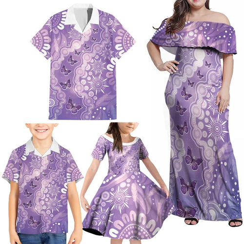 Australia Epilepsy Awareness Family Matching Off Shoulder Maxi Dress and Hawaiian Shirt Purple Butterflies Aboriginal