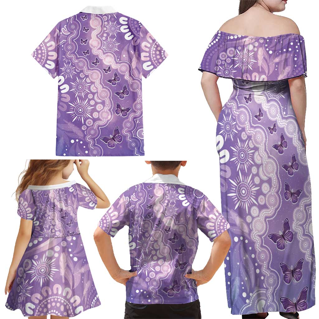 Australia Epilepsy Awareness Family Matching Off Shoulder Maxi Dress and Hawaiian Shirt Purple Butterflies Aboriginal