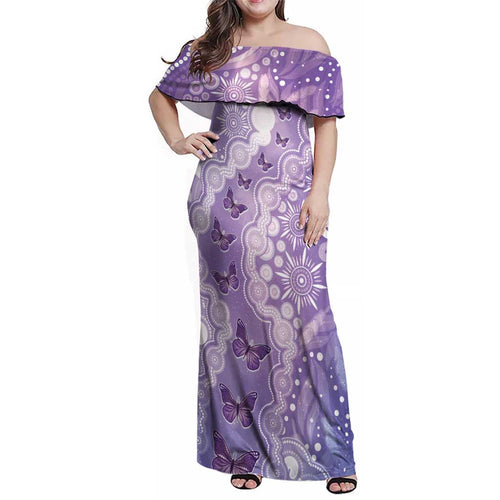 Australia Epilepsy Awareness Family Matching Off Shoulder Maxi Dress and Hawaiian Shirt Purple Butterflies Aboriginal