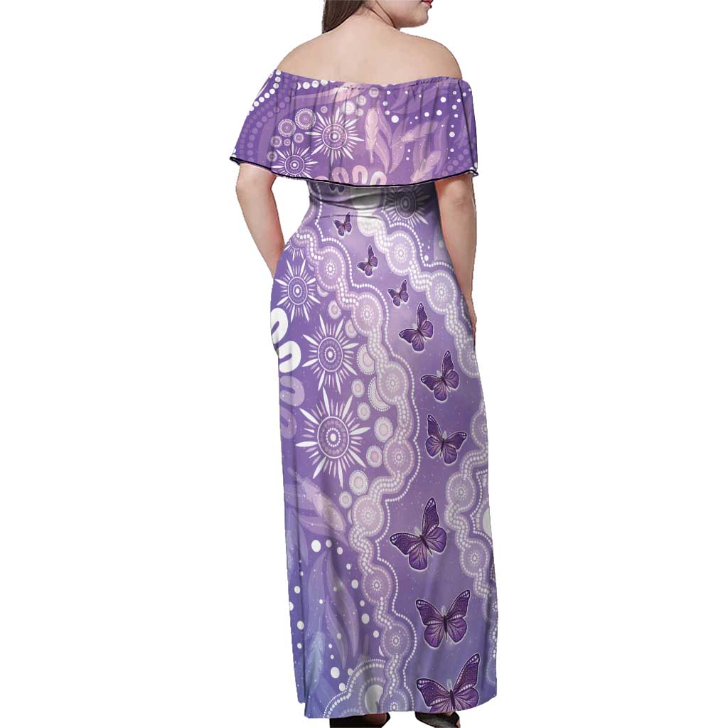 Australia Epilepsy Awareness Family Matching Off Shoulder Maxi Dress and Hawaiian Shirt Purple Butterflies Aboriginal