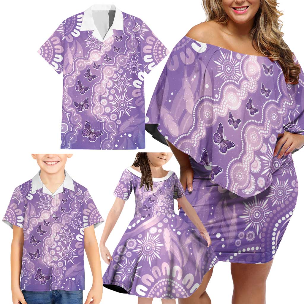 Australia Epilepsy Awareness Family Matching Off Shoulder Short Dress and Hawaiian Shirt Purple Butterflies Aboriginal