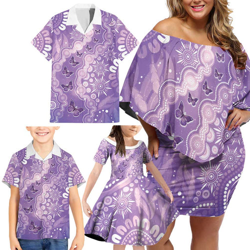 Australia Epilepsy Awareness Family Matching Off Shoulder Short Dress and Hawaiian Shirt Purple Butterflies Aboriginal