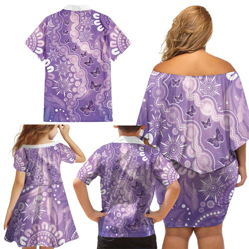 Australia Epilepsy Awareness Family Matching Off Shoulder Short Dress and Hawaiian Shirt Purple Butterflies Aboriginal