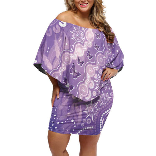 Australia Epilepsy Awareness Family Matching Off Shoulder Short Dress and Hawaiian Shirt Purple Butterflies Aboriginal