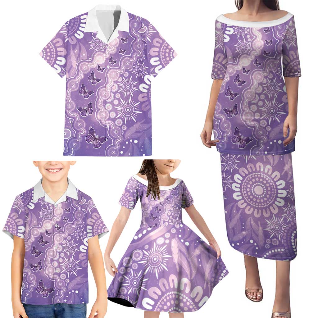 Australia Epilepsy Awareness Family Matching Puletasi and Hawaiian Shirt Purple Butterflies Aboriginal