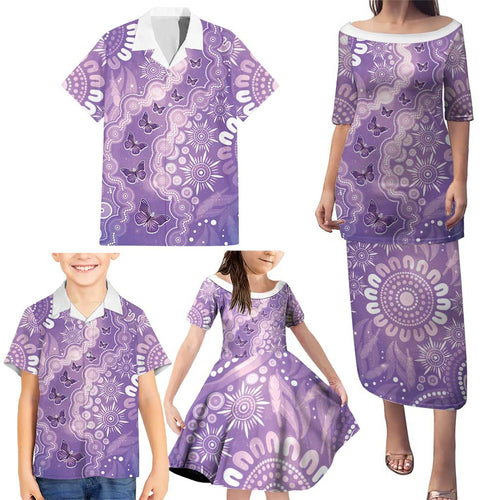 Australia Epilepsy Awareness Family Matching Puletasi and Hawaiian Shirt Purple Butterflies Aboriginal