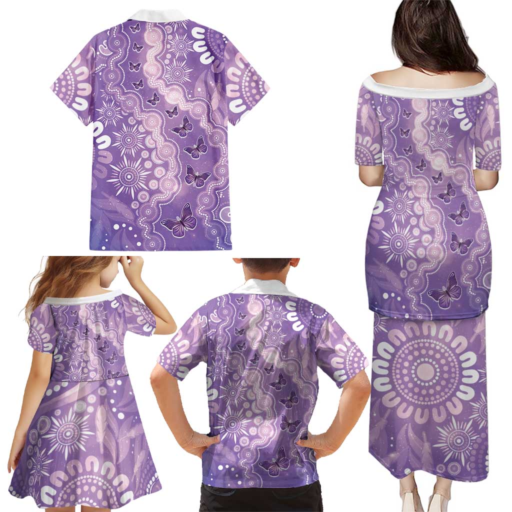 Australia Epilepsy Awareness Family Matching Puletasi and Hawaiian Shirt Purple Butterflies Aboriginal