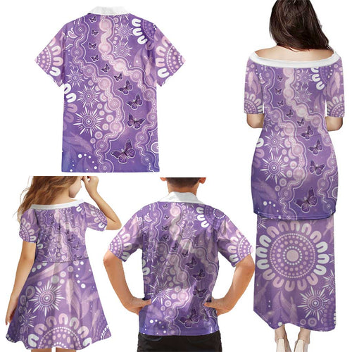Australia Epilepsy Awareness Family Matching Puletasi and Hawaiian Shirt Purple Butterflies Aboriginal