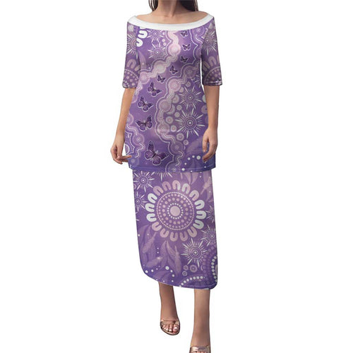 Australia Epilepsy Awareness Family Matching Puletasi and Hawaiian Shirt Purple Butterflies Aboriginal