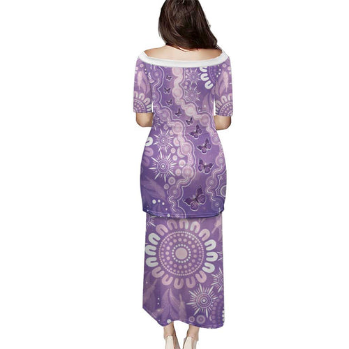Australia Epilepsy Awareness Family Matching Puletasi and Hawaiian Shirt Purple Butterflies Aboriginal