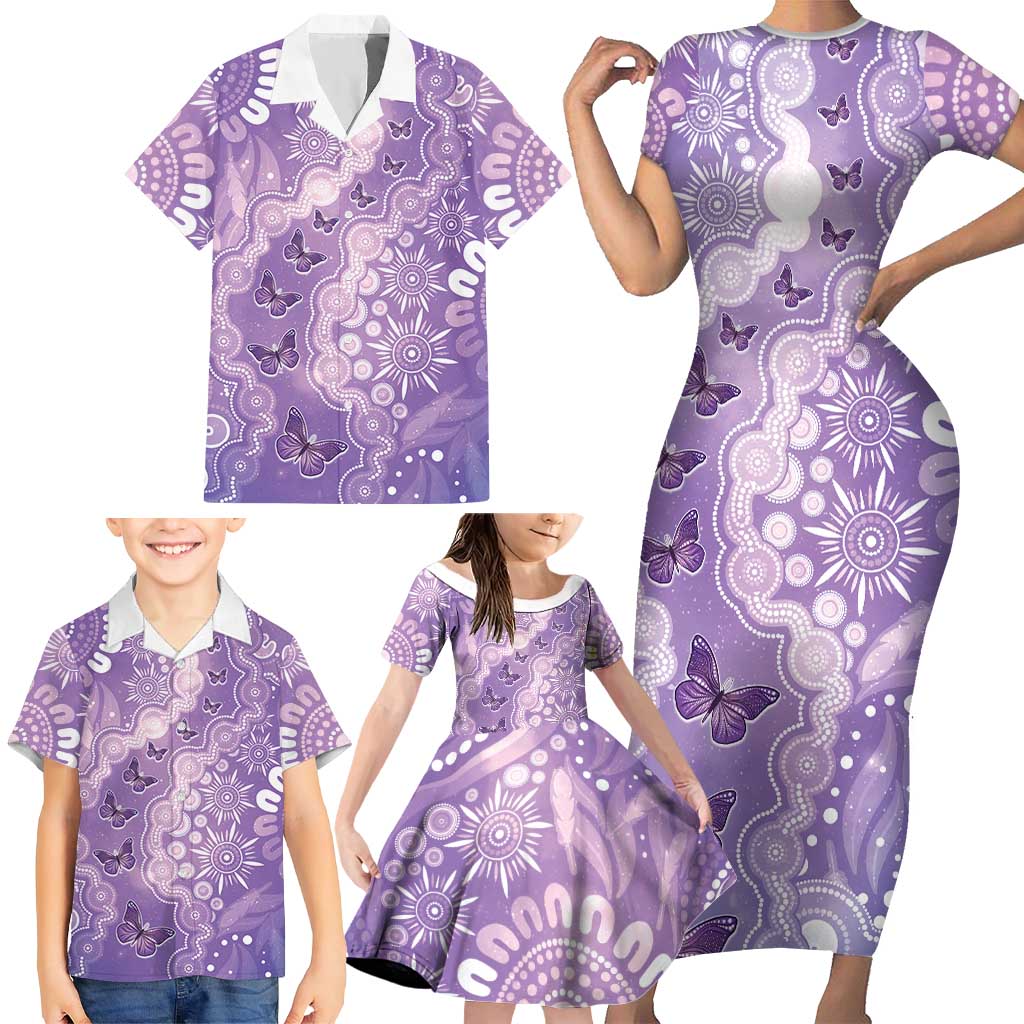 Australia Epilepsy Awareness Family Matching Short Sleeve Bodycon Dress and Hawaiian Shirt Purple Butterflies Aboriginal