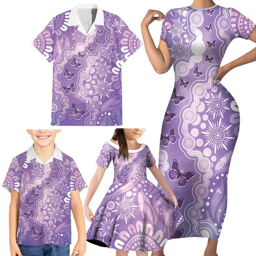 Australia Epilepsy Awareness Family Matching Short Sleeve Bodycon Dress and Hawaiian Shirt Purple Butterflies Aboriginal