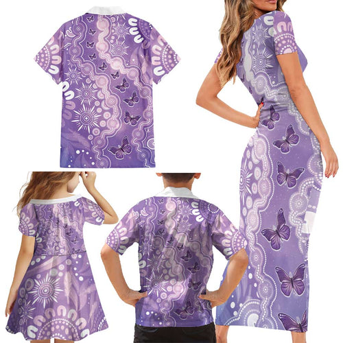 Australia Epilepsy Awareness Family Matching Short Sleeve Bodycon Dress and Hawaiian Shirt Purple Butterflies Aboriginal