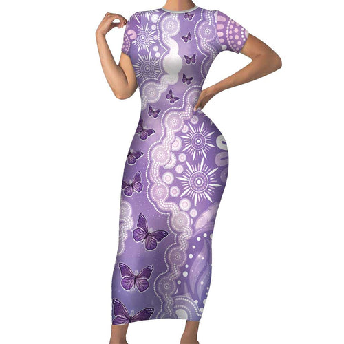 Australia Epilepsy Awareness Family Matching Short Sleeve Bodycon Dress and Hawaiian Shirt Purple Butterflies Aboriginal