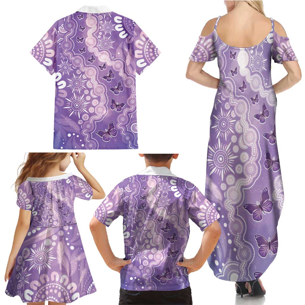 Australia Epilepsy Awareness Family Matching Summer Maxi Dress and Hawaiian Shirt Purple Butterflies Aboriginal