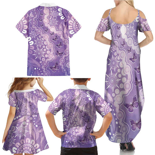 Australia Epilepsy Awareness Family Matching Summer Maxi Dress and Hawaiian Shirt Purple Butterflies Aboriginal