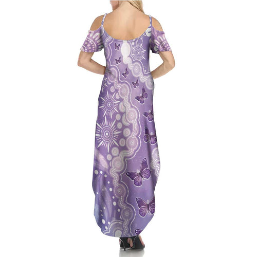 Australia Epilepsy Awareness Family Matching Summer Maxi Dress and Hawaiian Shirt Purple Butterflies Aboriginal
