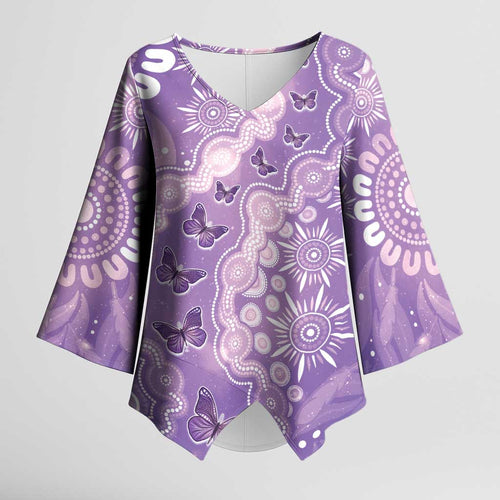 Australia Epilepsy Awareness Kimono Sleeve Blouse Purple Butterflies Aboriginal