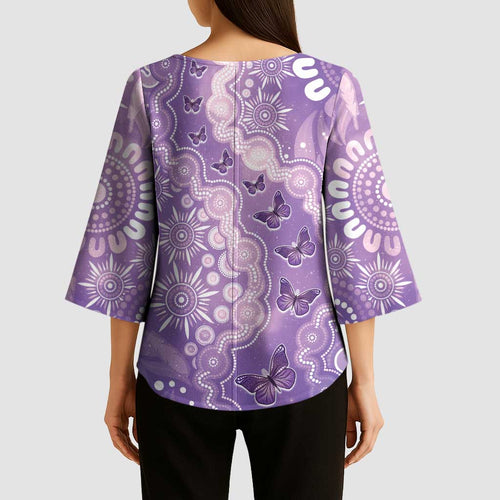 Australia Epilepsy Awareness Kimono Sleeve Blouse Purple Butterflies Aboriginal