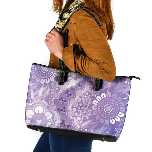 Australia Epilepsy Awareness Leather Tote Bag Purple Butterflies Aboriginal