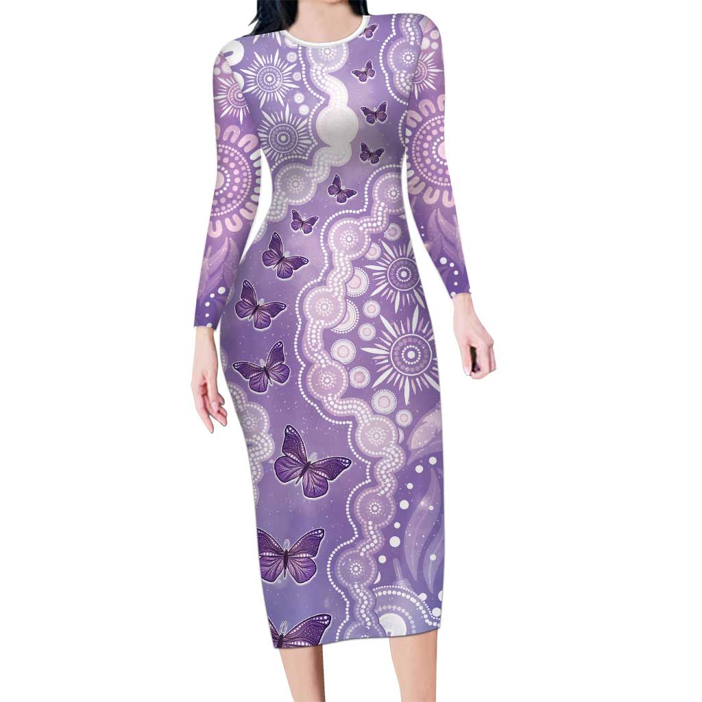 Australia Epilepsy Awareness Long Sleeve Bodycon Dress Purple Butterflies Aboriginal