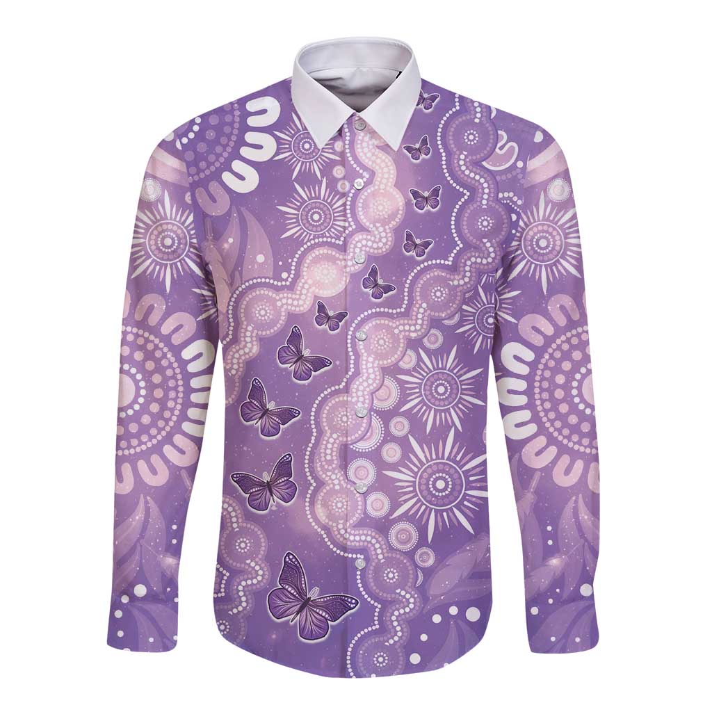 Australia Epilepsy Awareness Long Sleeve Button Shirt Purple Butterflies Aboriginal