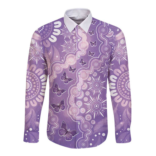 Australia Epilepsy Awareness Long Sleeve Button Shirt Purple Butterflies Aboriginal