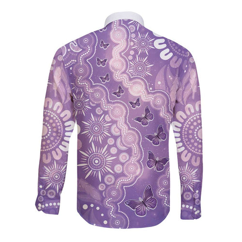 Australia Epilepsy Awareness Long Sleeve Button Shirt Purple Butterflies Aboriginal