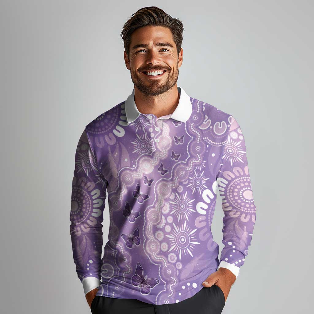 Australia Epilepsy Awareness Long Sleeve Polo Shirt Purple Butterflies Aboriginal