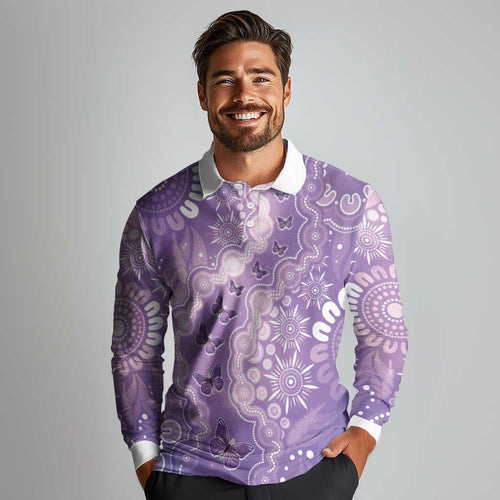 Australia Epilepsy Awareness Long Sleeve Polo Shirt Purple Butterflies Aboriginal