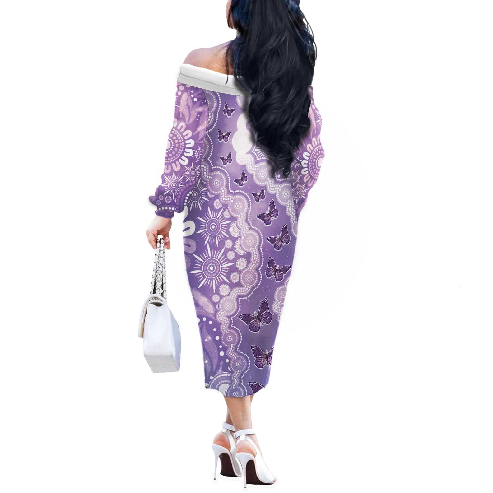 Australia Epilepsy Awareness Off The Shoulder Long Sleeve Dress Purple Butterflies Aboriginal