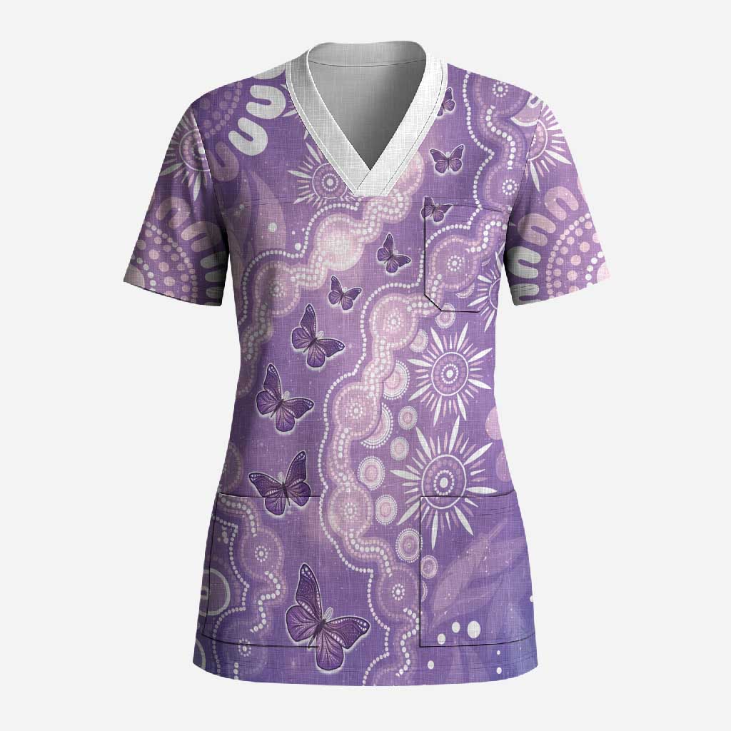 Australia Epilepsy Awareness Scrub Top Purple Butterflies Aboriginal
