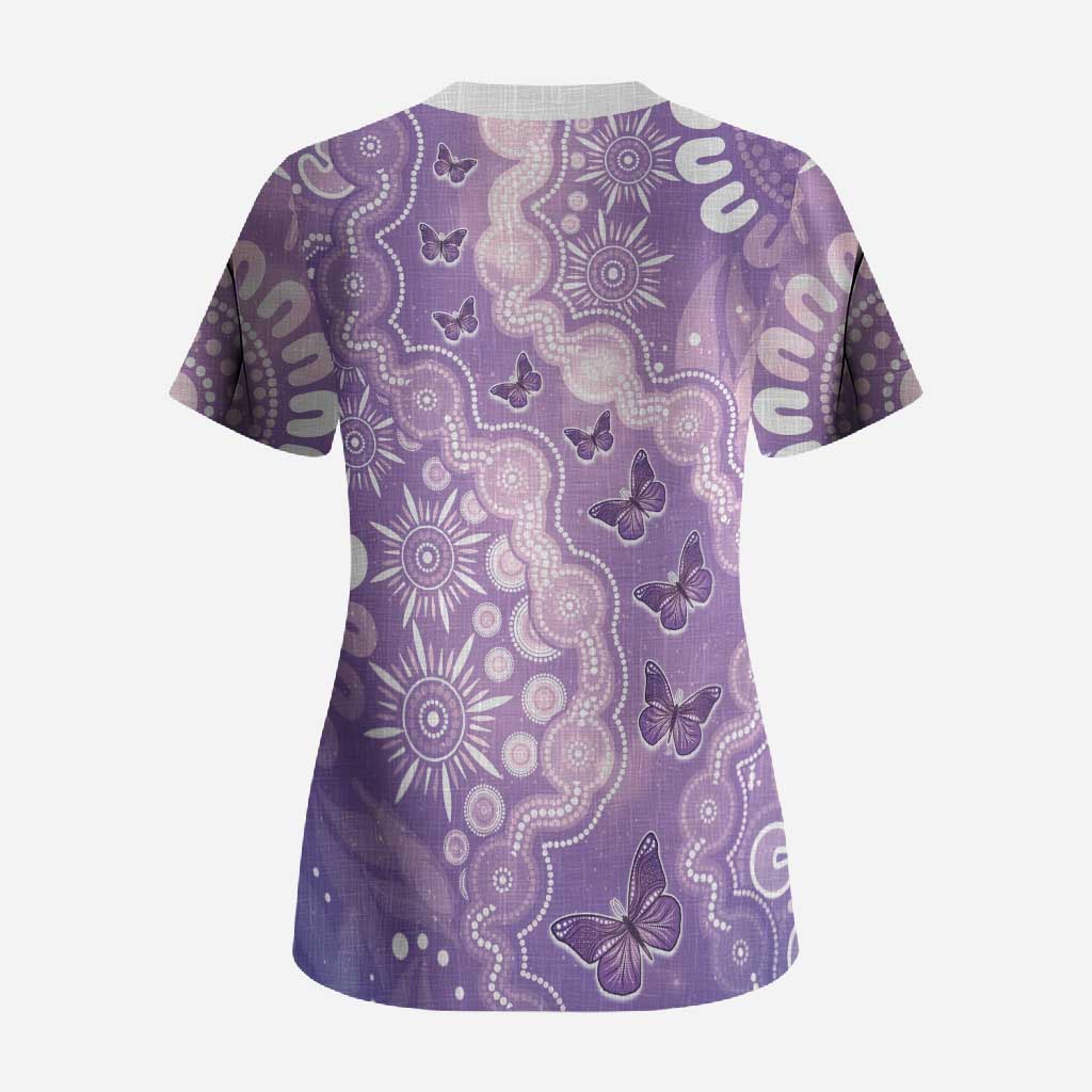Australia Epilepsy Awareness Scrub Top Purple Butterflies Aboriginal