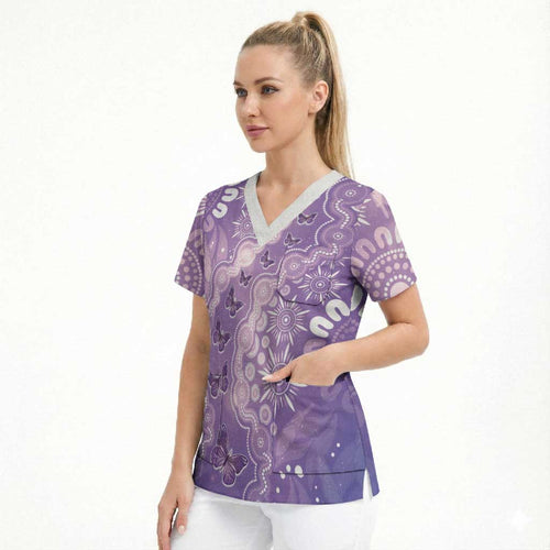Australia Epilepsy Awareness Scrub Top Purple Butterflies Aboriginal
