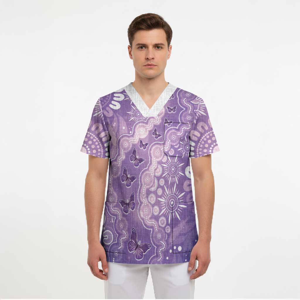 Australia Epilepsy Awareness Scrub Top Purple Butterflies Aboriginal