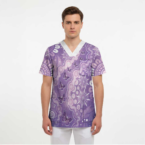 Australia Epilepsy Awareness Scrub Top Purple Butterflies Aboriginal