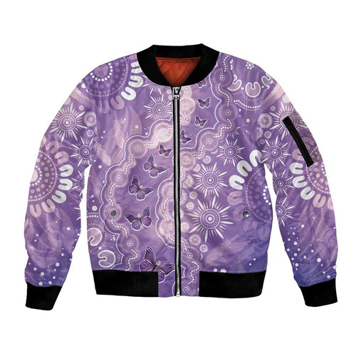 Australia Epilepsy Awareness Sleeve Zip Bomber Jacket Purple Butterflies Aboriginal