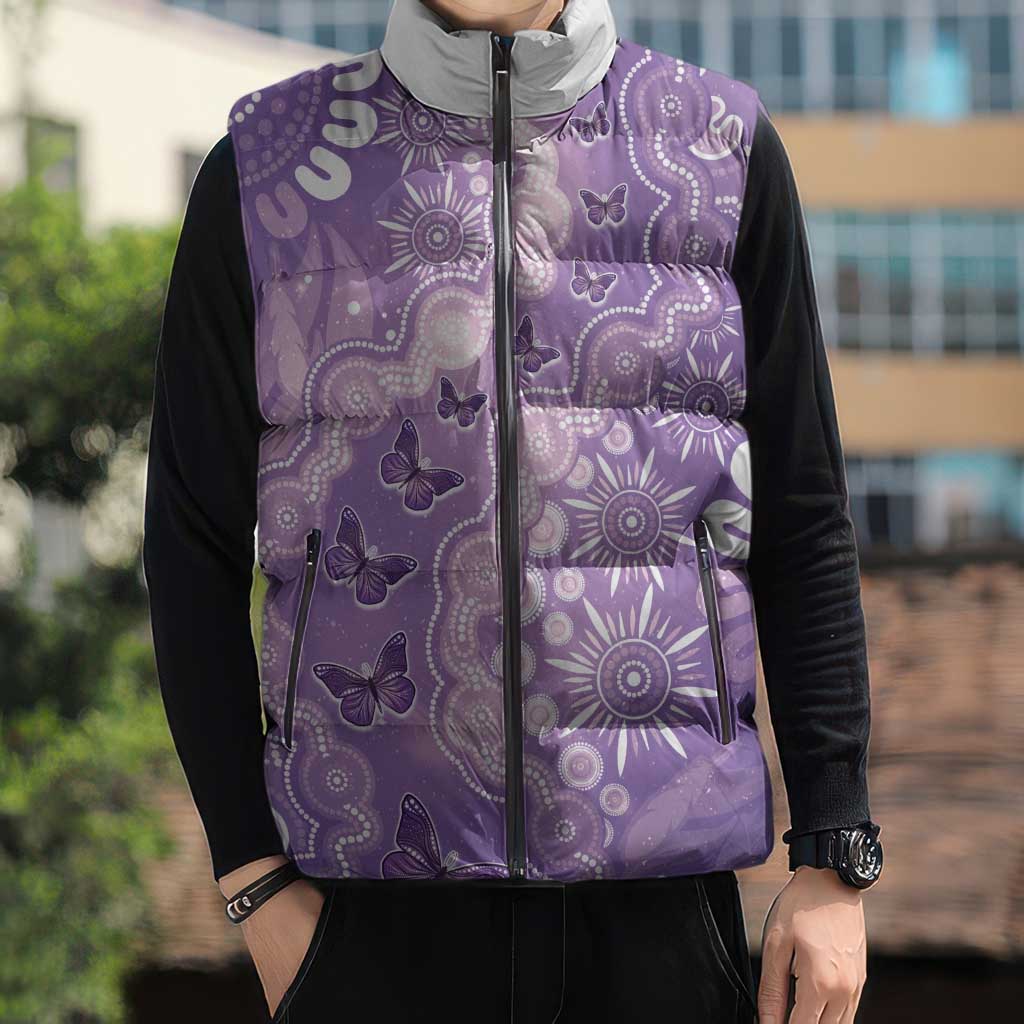 Australia Epilepsy Awareness Sleeveless Puffer Jacket Purple Butterflies Aboriginal